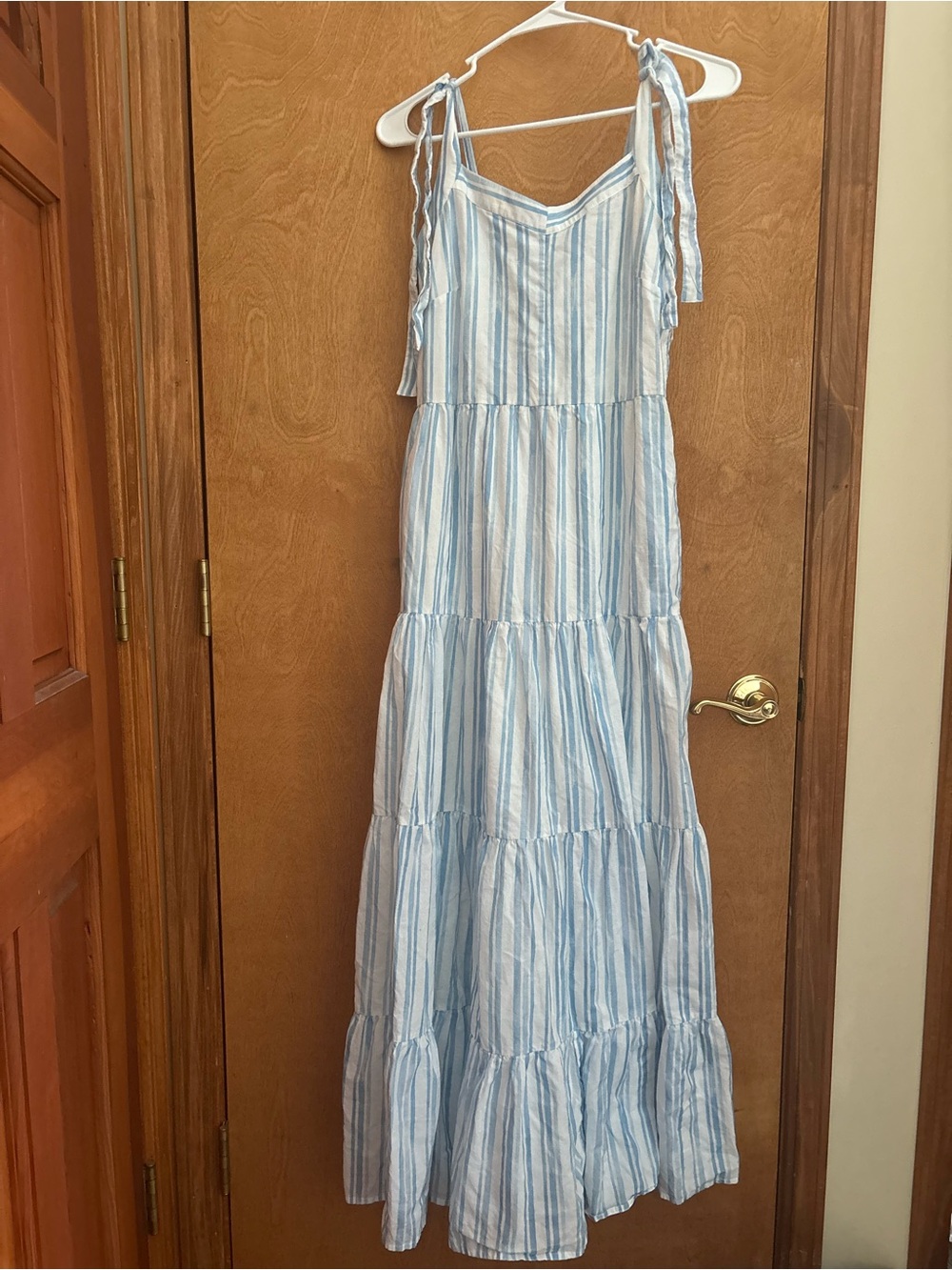 Tie-Shoulder Blue & White Striped Maxi Dress